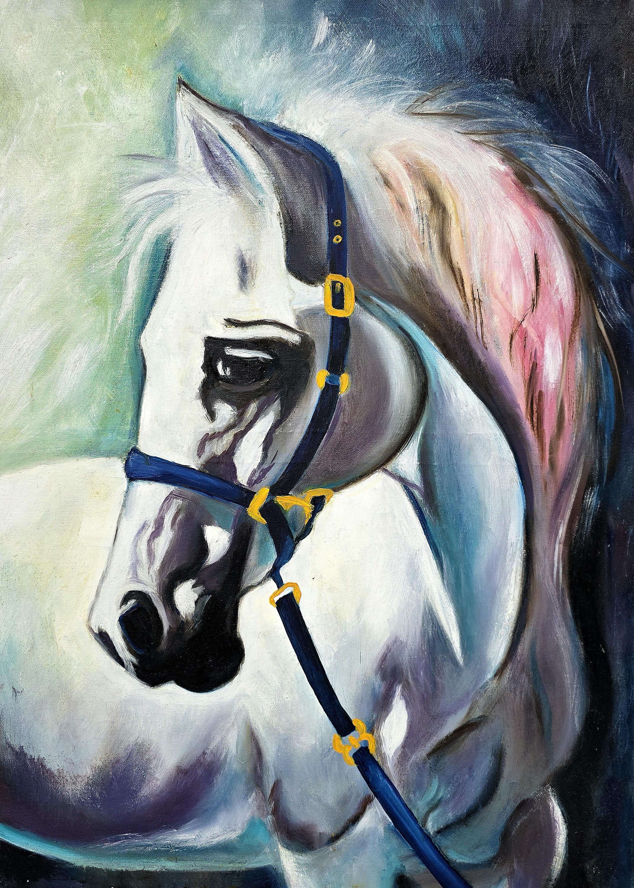 オリジナル油絵 白馬肖像画、表現力豊かな馬のアート、モダンな壁飾り