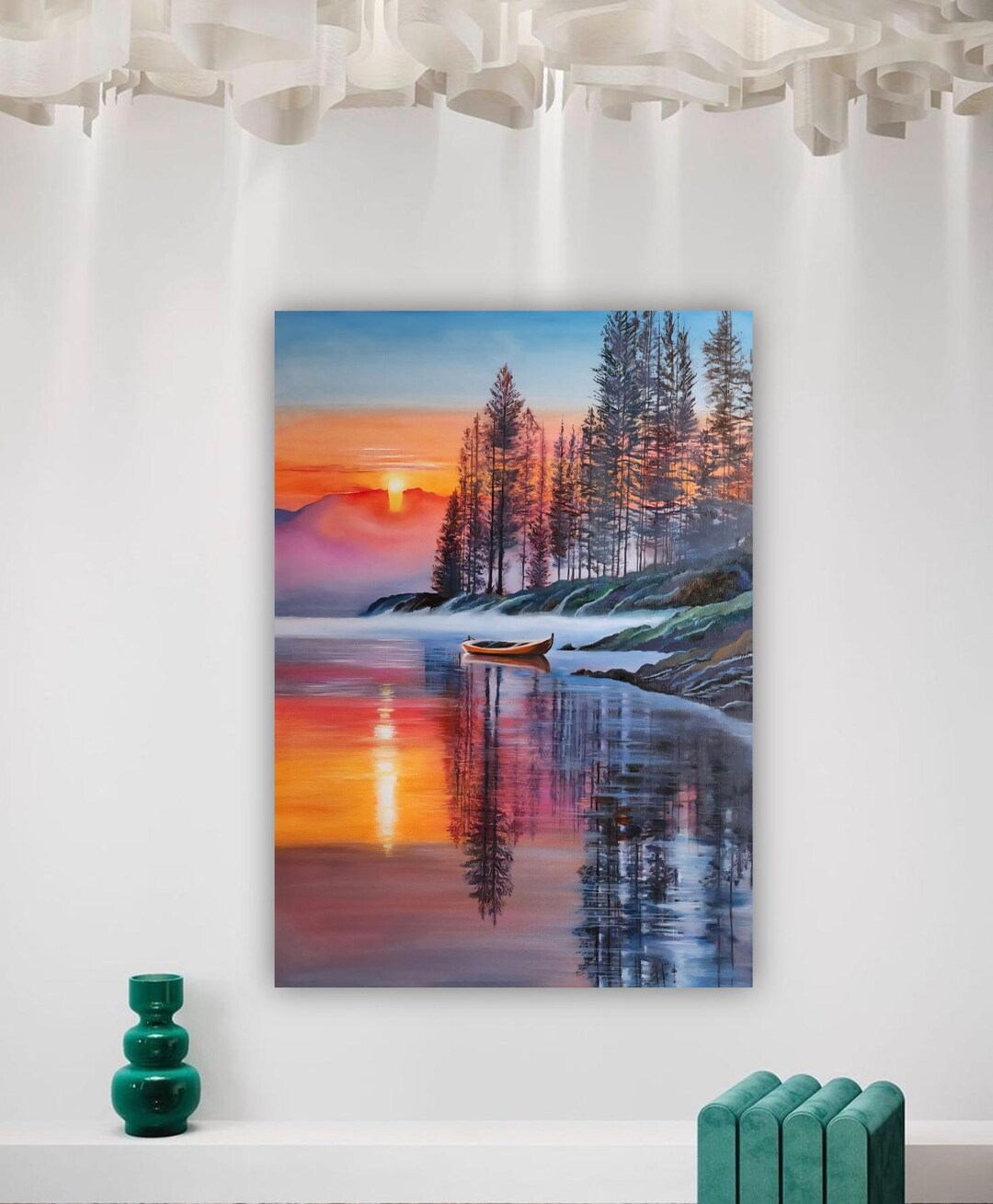 Original Oil Painting Sunset Lake Scene, Boat Reflection Wall Art ...