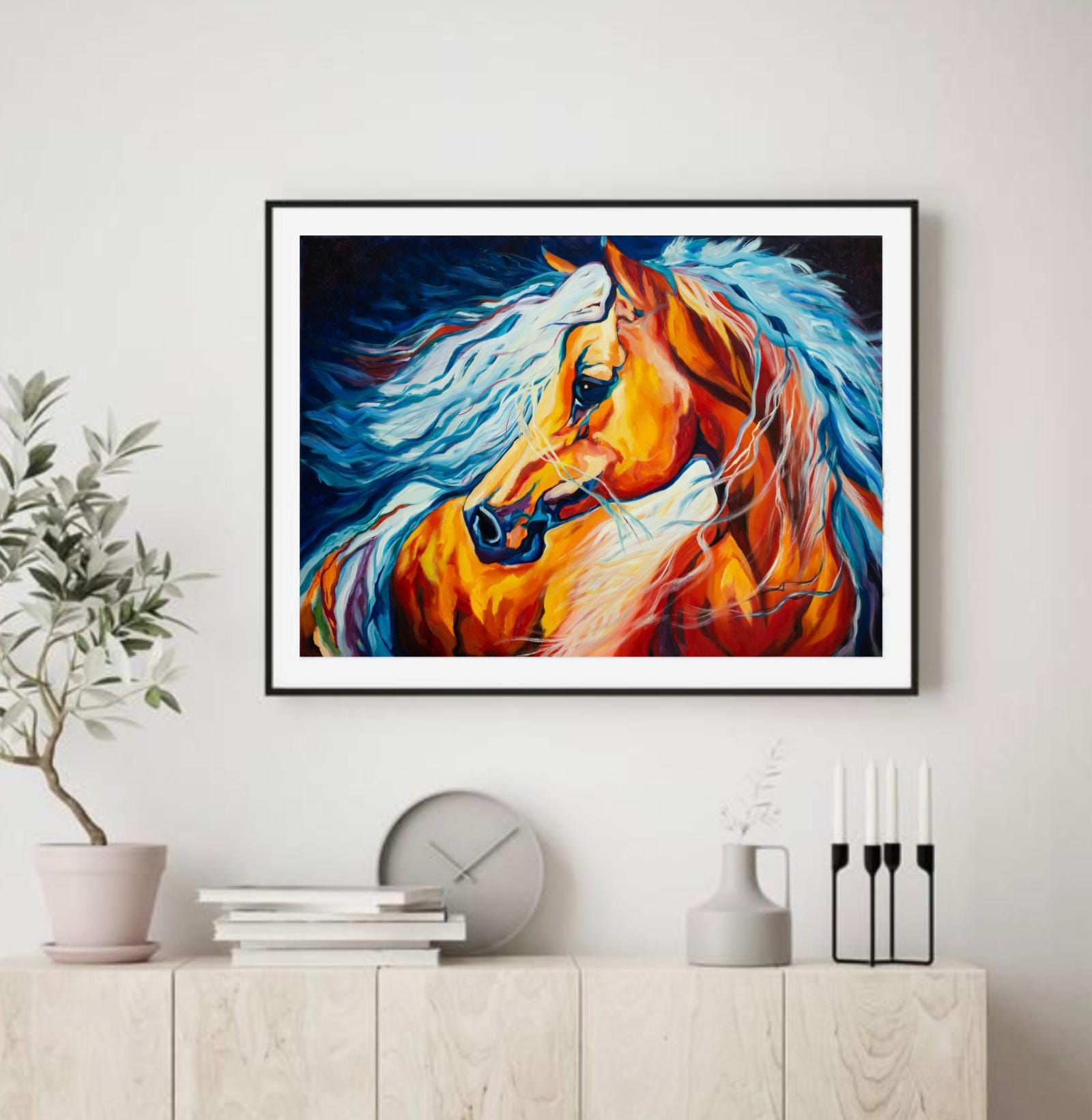 燃えるような馬の油絵 36x24インチ、大胆な表現主義の馬のアート 