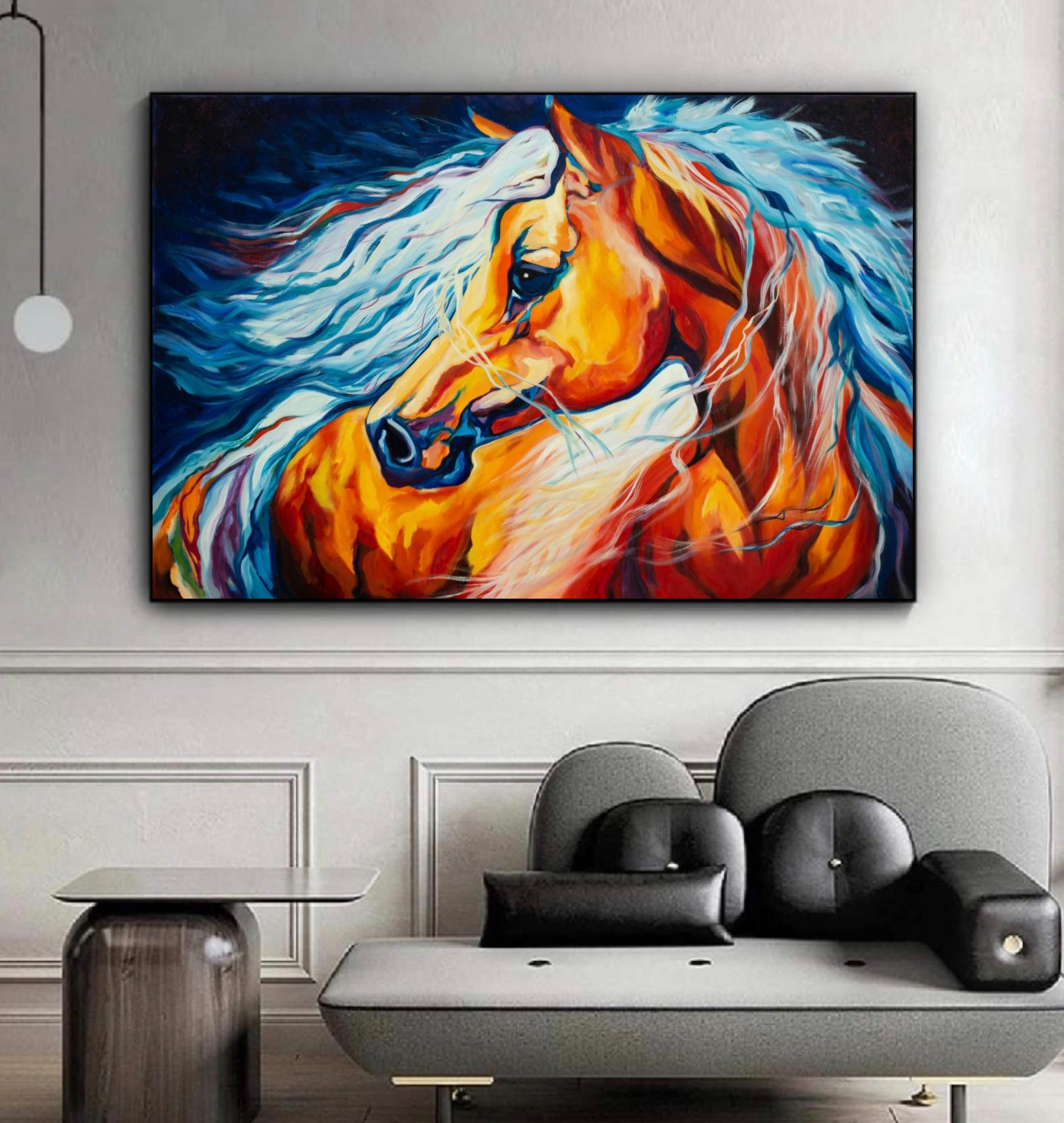 燃えるような馬の油絵 36x24インチ、大胆な表現主義の馬のアート