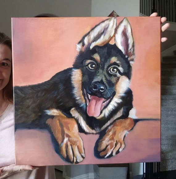ジャーマンシェパードの子犬の油絵、オリジナル犬の肖像画、動物の