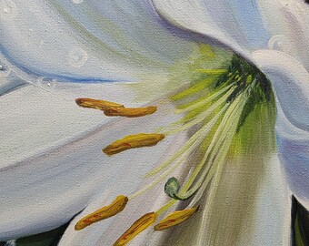 オリジナルの白いユリの油絵、露のしずくが付いたリアルな花、開いてい