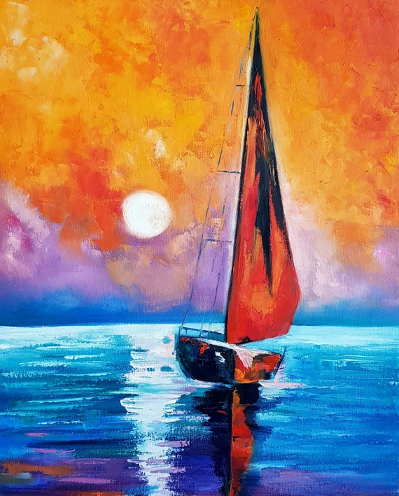 夕日の帆船の油絵、鮮やかな海の風景画、オレンジ色の空の海の