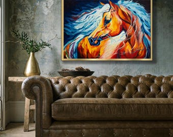 燃えるような馬の油絵 36x24インチ、大胆な表現主義の馬のアート
