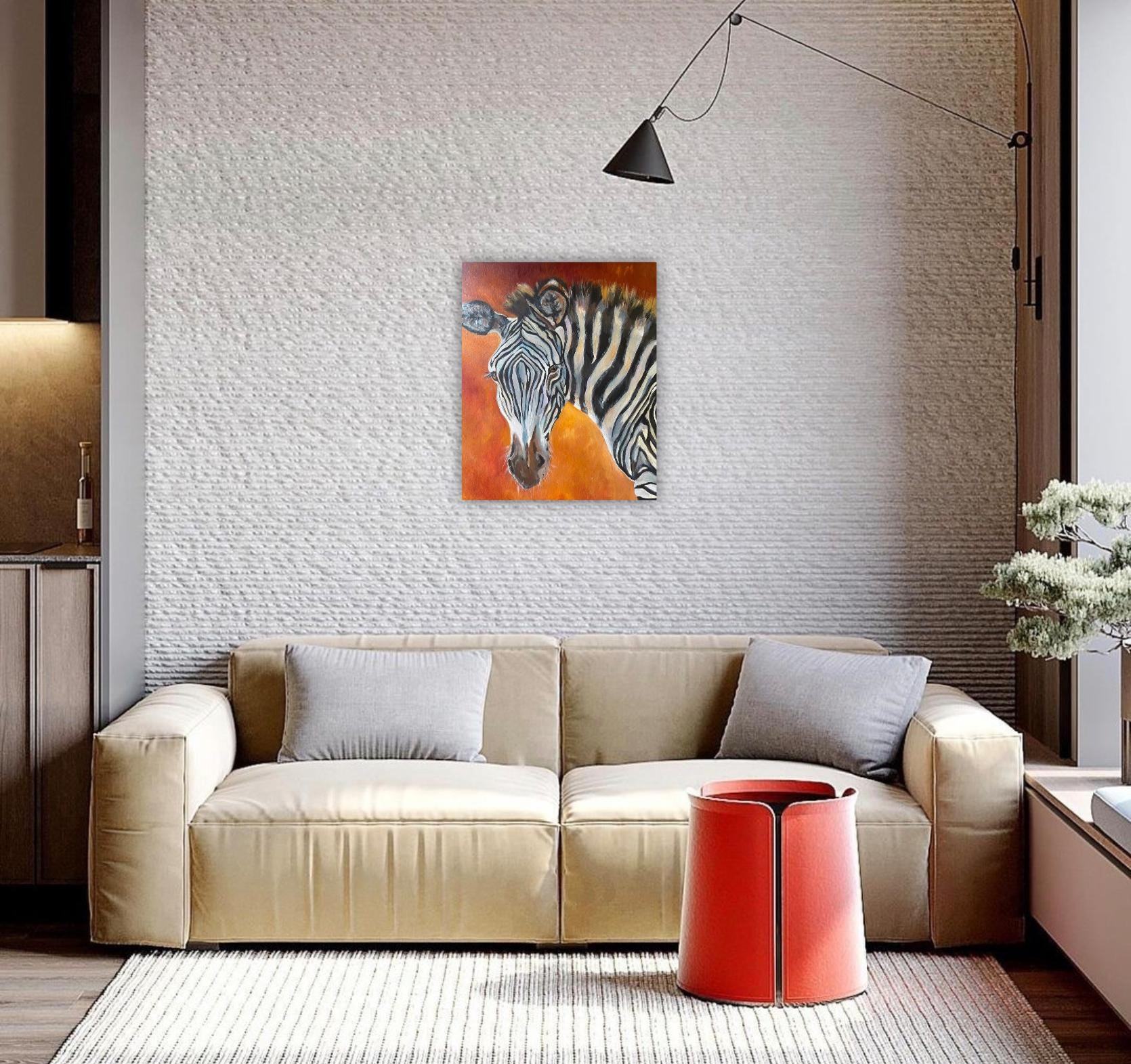 Original Zebra Face Oil Painting, Orange Background, Wildlife Art