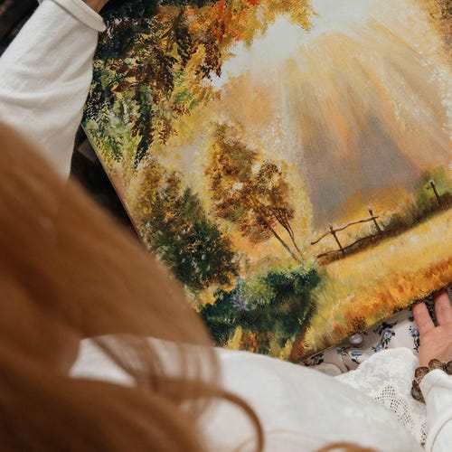 夕暮れの街並みを描いた油絵 20x20インチ 黄金の都市風景画 - Etsy 日本