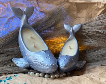 Ocean Whale Candle Set - Blue Metallic Pair for Ocean Inspired Decor and Favors - Ocean Inspired Style - marine animal - blue metallic whale