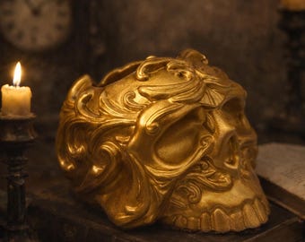 Candelabro con calavera barroca dorada – Decoración gótica para altar