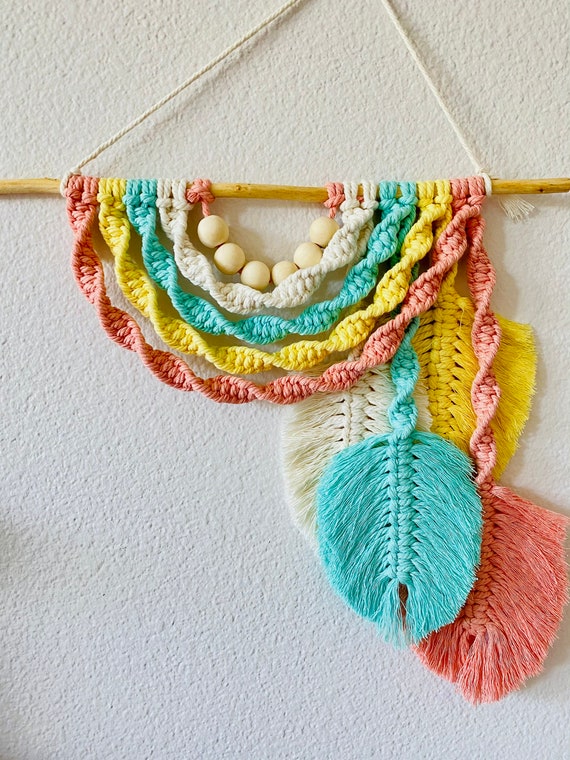 Macrame Wall Hanging Fall Color Rainbow With Leaves Macrame