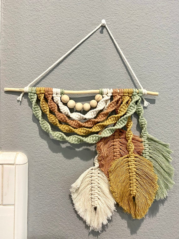 Macrame Wall Hanging Fall Color Rainbow With Leaves Macrame