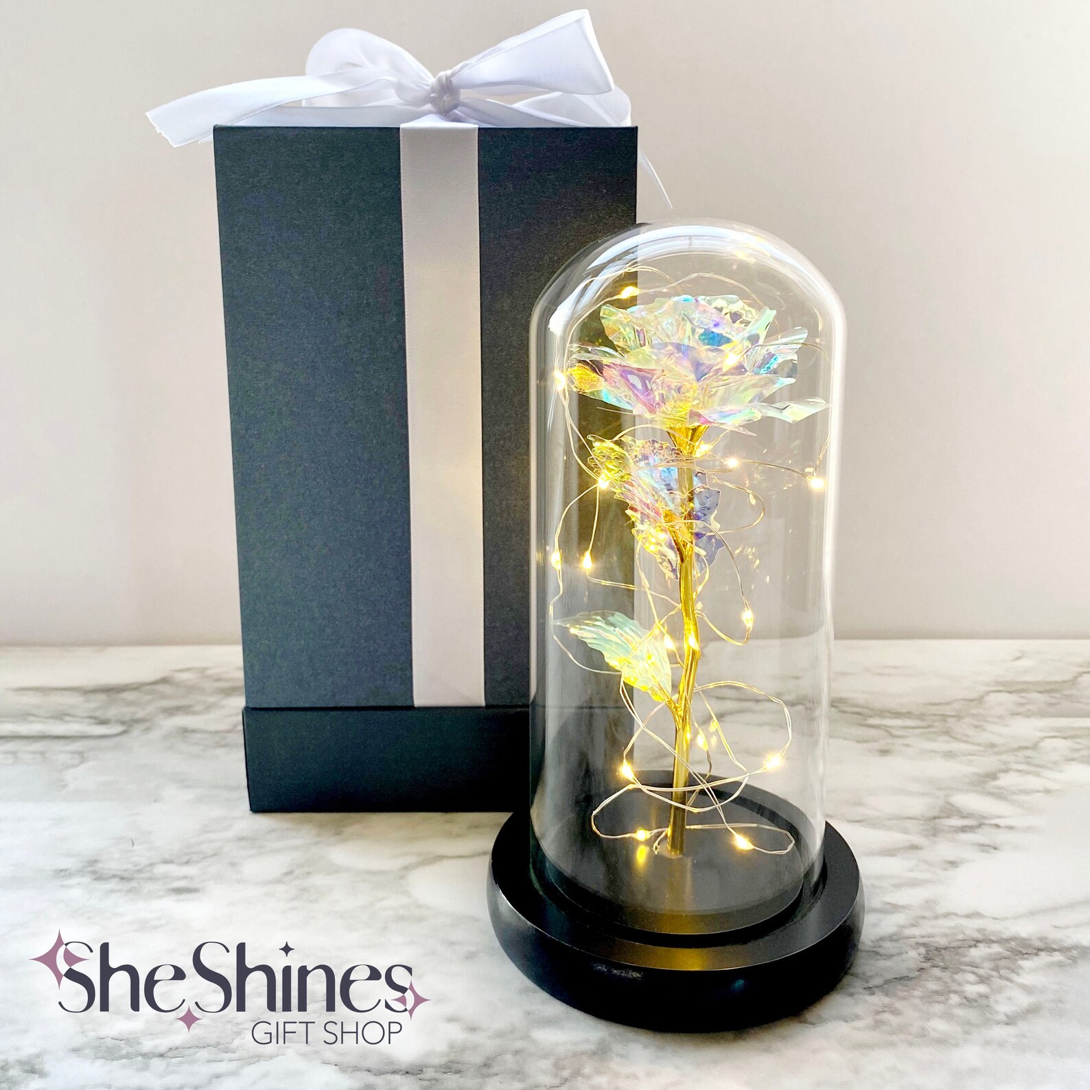 Enchanted Rose with LED Lights Galaxy Rose in Dome Etsy