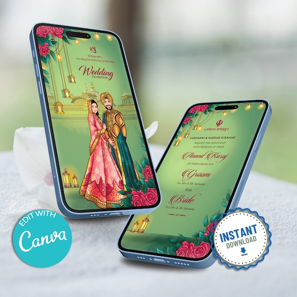 Caricature Punjabi Wedding Invitation Card | Punjabi Wedding Invitation PDF Card | Punjabi Wedding Card | Punjabi Marriage Card (IM-2419)