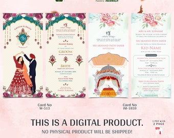 Carte de mariage numérique en pendjabi, carte d’invitation numérique de mariage sikh floral, cartes de mariage sikh, invitations Anand Karaj