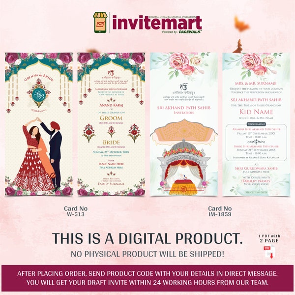 Digital Punjabi Wedding card, Floral Sikh Wedding Digital Invitation Card, Sikh Wedding cards, Anand Karaj invites