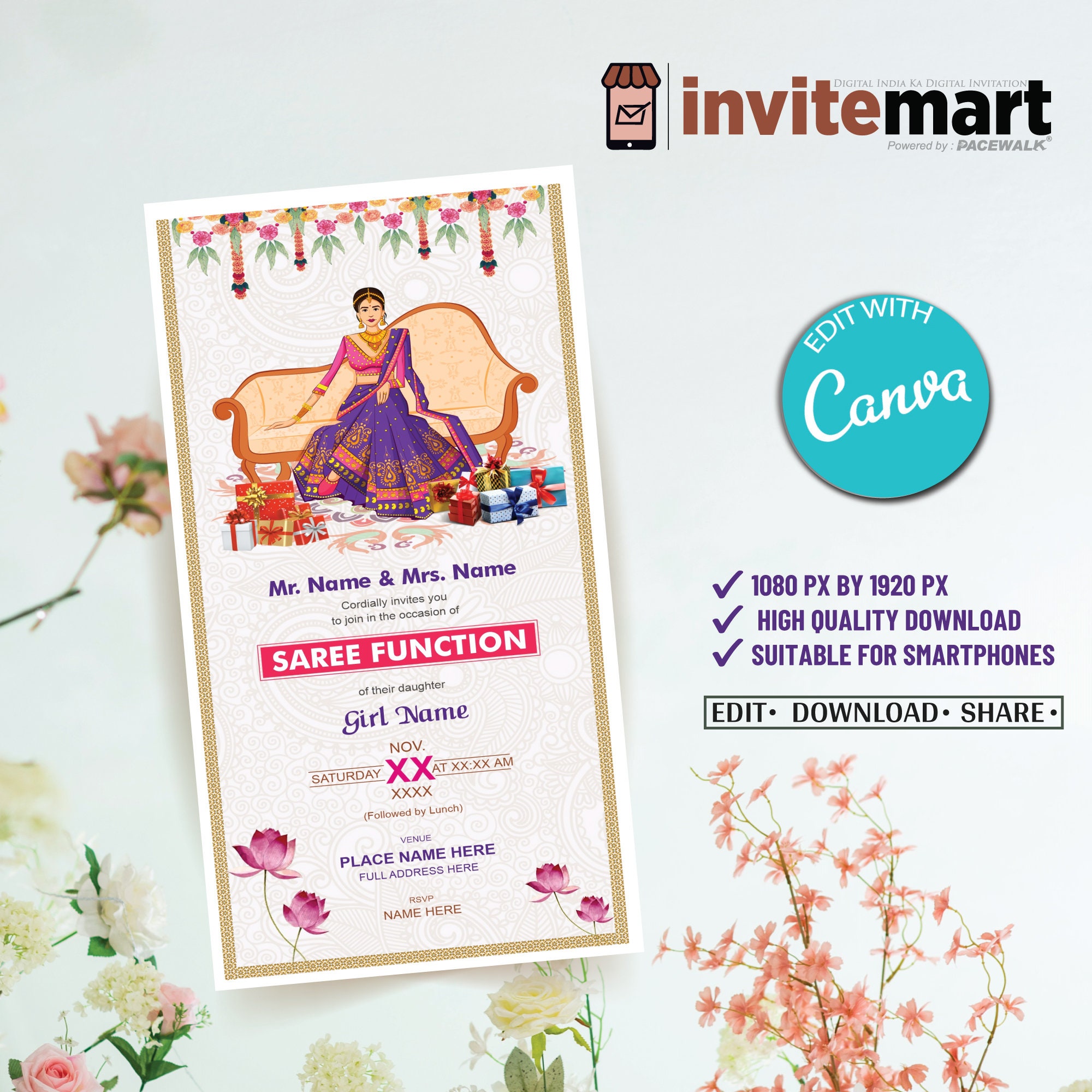 Half Saree Function Invitations & Saree Evite, Half Saree Invitations