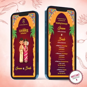 Faire-part de mariage de bande dessinée de couples tamouls | Cartes d'invitation de mariage tamoul en ligne l Carte d'invitation | Faire-part de mariage d'une seule page (W-222)
