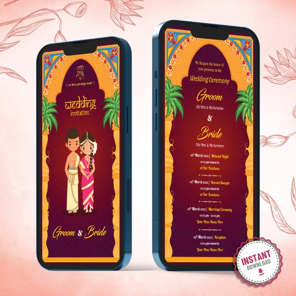 Tamil Couple Cartoon Wedding Invitation | Tamil Wedding Invitation Cards Online l Invitation Card | Single Page Wedding Invitation (W-222)