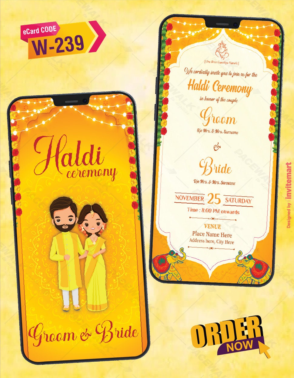W-219 WhatsApp Invitation Card floral ecard Beautiful Haldi Ceremony Invitation Card