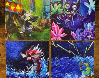 May include: Four colourful paintings of fantastical creatures. The first painting shows a black and white creature with a crown standing in a forest. The second painting shows a purple creature with a wide grin standing in a cave with pink and blue crystals. The third painting shows a red and white creature with a crown standing in a blue ocean. The fourth painting shows a green creature with a crown standing on a rock in a blue ocean.