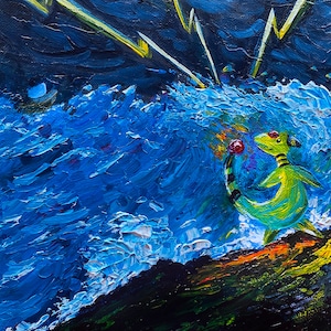 May include: A green and yellow cartoon creature with red accents stands on a black, green, and orange rock formation. The creature is facing a large blue wave with white foam. Yellow lightning bolts are in the dark blue sky above the wave.