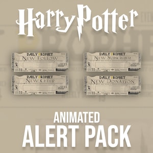 May include: Four vintage-style newspaper tickets with the text "Daily Prophet" and "New Follow", "New Subscriber", "New Cheer", and "New Donation". The tickets are set against a beige background with the text "Harry Potter" and "Animated Alert Pack" below.