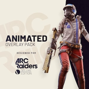 Può includere: Pacchetto overlay animato per ARC Raiders Deluxe Edition. L'immagine presenta un personaggio futuristico in uniforme bianca e blu, pantaloni rossi e un casco, che tiene in mano un'arma dorata e marrone. Il testo "ANIMATED OVERLAY PACK" è visualizzato.