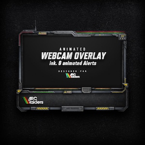 Könnte beinhalten: Animiertes Webcam-Overlay mit einem dunkelgrauen und schwarzen Design. Der Text "WEBCAM OVERLAY" und "ink. 8 animated Alerts" ist enthalten. Entworfen für "ARC Raiders".