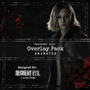 Könnte beinhalten: Werbebild für ein Resident Evil Overlay Pack. Das Bild zeigt eine Frau mit kurzen blonden Haaren, die eine Lederjacke trägt. Der Text enthält "Resident Evil Overlay Pack Animated" und "designed for Resident Evil Requiem."