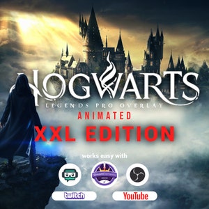 May include: Animated Hogwarts Legends Pro Overlay XXL Edition for Twitch and YouTube streaming. The overlay features a dark silhouette of a person standing in front of a castle with a dark sky background. The text "Hogwarts Legends Pro Overlay Animated XXL Edition" is in red and white text. The text "works easy with" is in white text. The logos for Twitch, StreamElements, and YouTube are shown below the text.