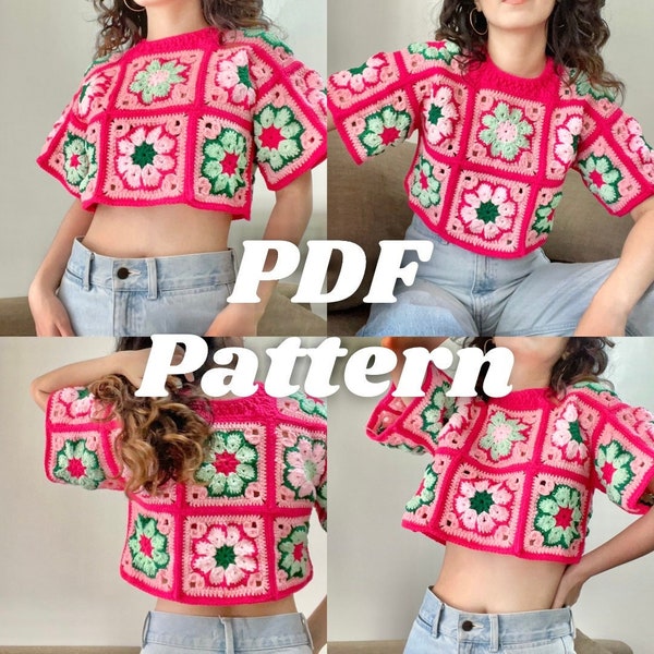 Leonor Floral and Colorful Granny Square Crochet Top with sleeves Written Pattern