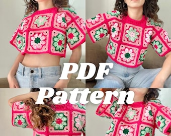 Leonor Floral and Colorful Granny Square Crochet Top with sleeves Written Pattern