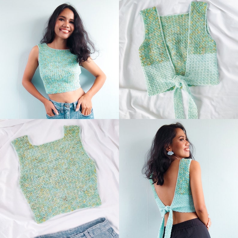 May include: A green and blue crochet top with a tie at the back. The top is sleeveless and has a square neckline.
