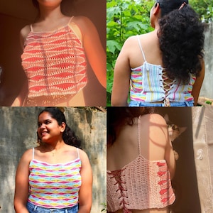 May include: Four different crochet tops in various colors and patterns. The tops are sleeveless and have a halter neck style. The tops are made with a variety of stitches and textures.