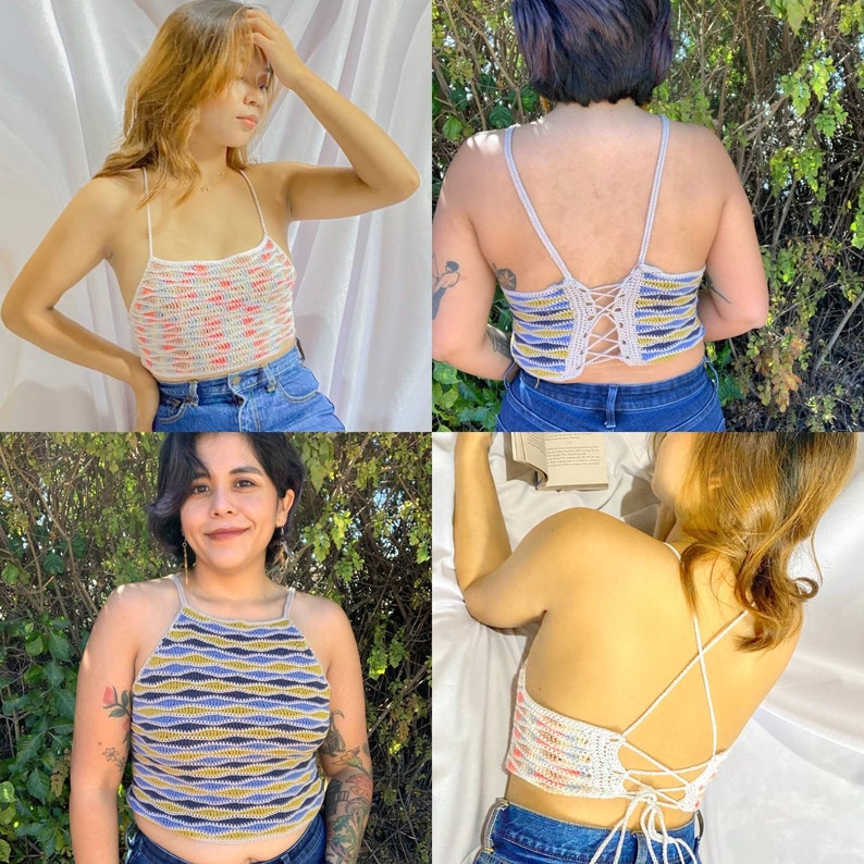 May include: Three different crochet tops in various colors and patterns. The tops are all sleeveless and have a halter style neckline. The tops are made with a variety of stitches and textures.