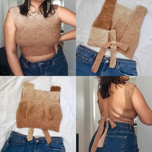 May include: A brown and beige crochet top with a tie back. The top is shown on a model wearing blue jeans.