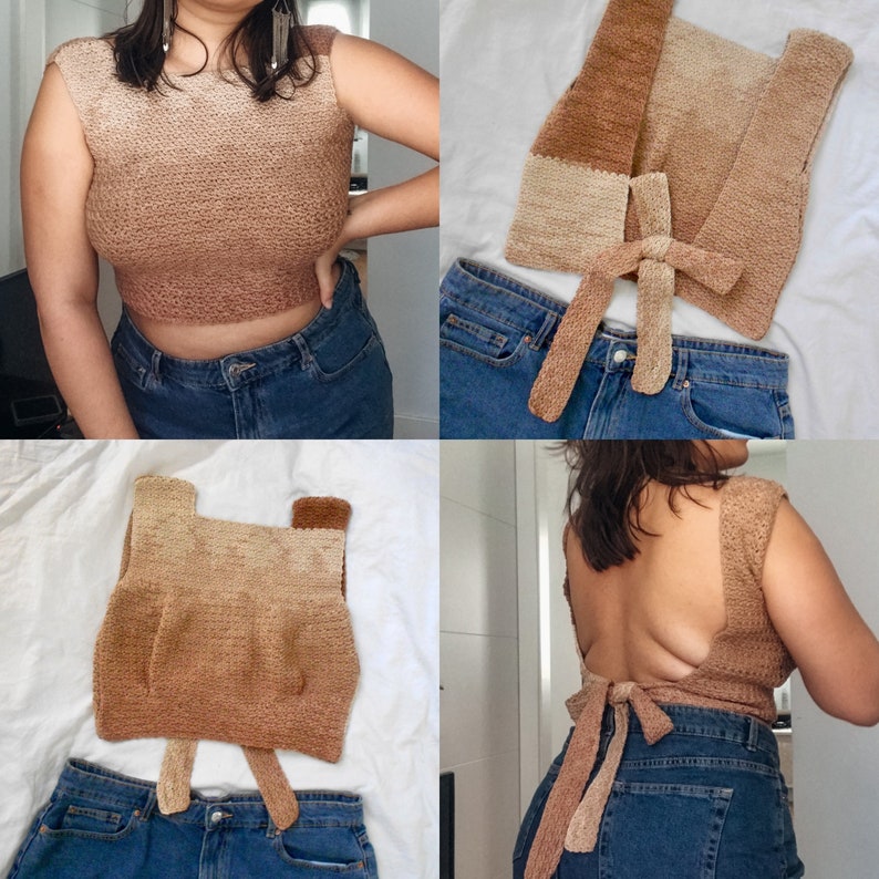 May include: A brown and beige crochet top with a tie back. The top is shown on a model wearing blue jeans.