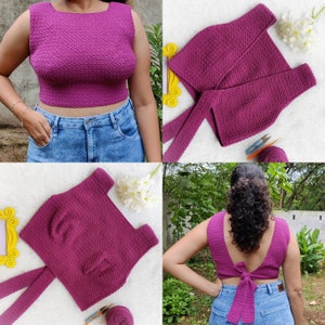 May include: Three different views of a purple crochet top. The top is sleeveless and has a scoop neck. The top is shown being worn by a person, laid flat, and being tied at the back.