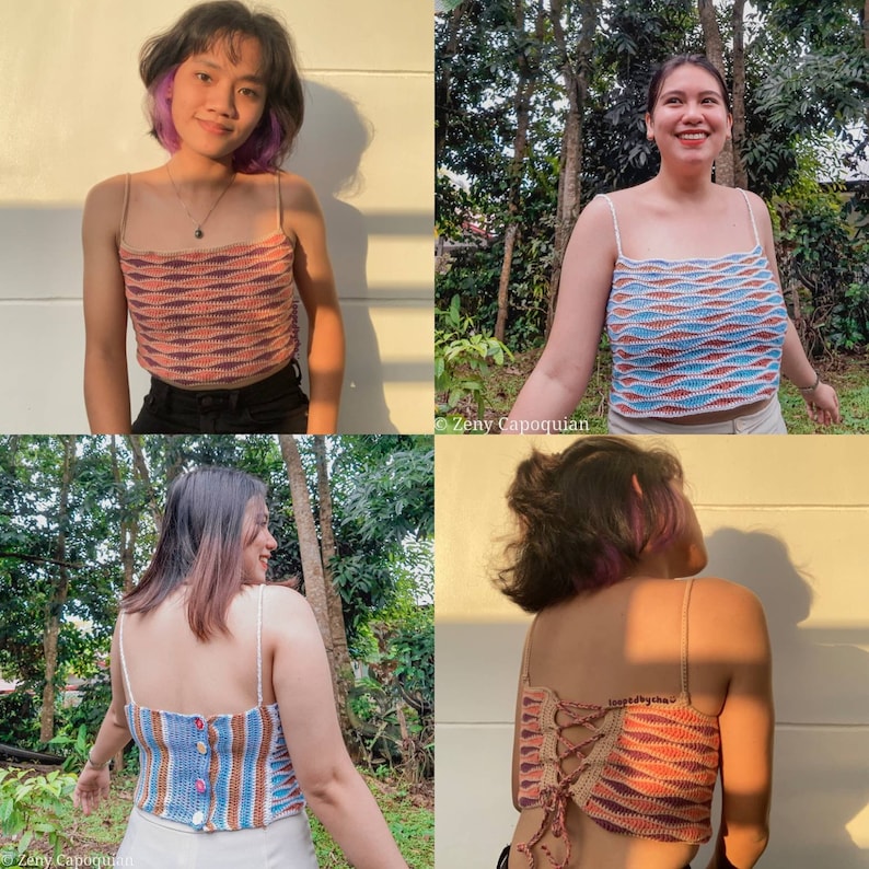 May include: Four different models wearing a crocheted top with a colorful geometric pattern. The top has a racerback style and is shown in three different color combinations: blue, orange, and brown; blue, white, and brown; and orange, white, and brown.