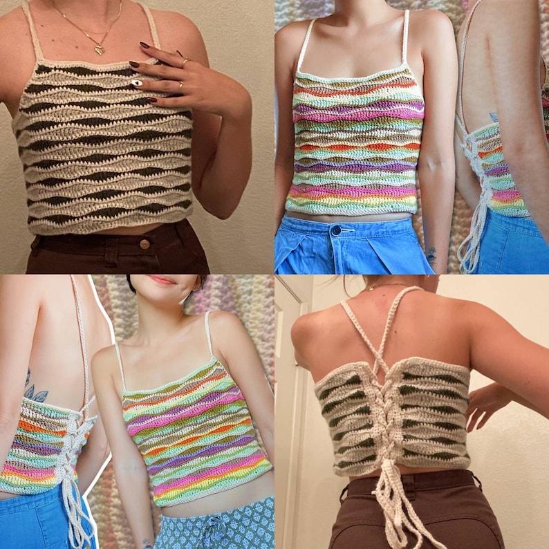 May include: Four different crochet tops in various colors, including rainbow, brown, and white. The tops are all sleeveless and have a cropped length. Some of the tops have a lace-up back.
