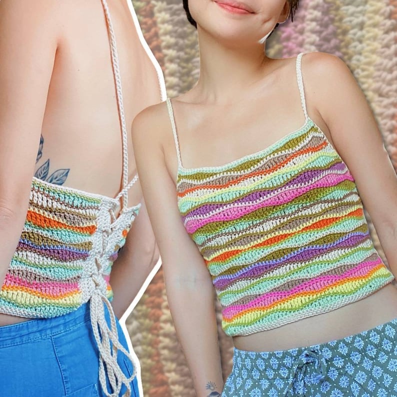 May include: A colorful striped crochet top with a white crocheted halter strap. The top is made with a variety of colors, including pink, green, orange, and purple.