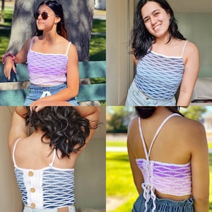May include: Two different styles of crochet tops with a gradient of purple, blue, and white. The tops are sleeveless and have a relaxed fit.