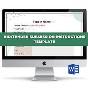 Puede incluir: Una pantalla de ordenador que muestra una plantilla de documento de Microsoft Word para las instrucciones de presentación de ofertas y licitaciones. La plantilla incluye campos para el título del contrato, el comprador y el valor del contrato.