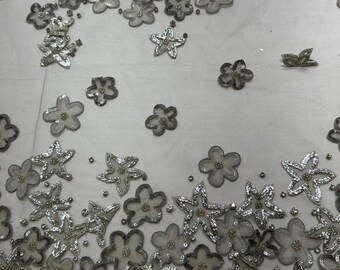 Silver Gray Embroidery Beading on Gray Tulle Embroidery