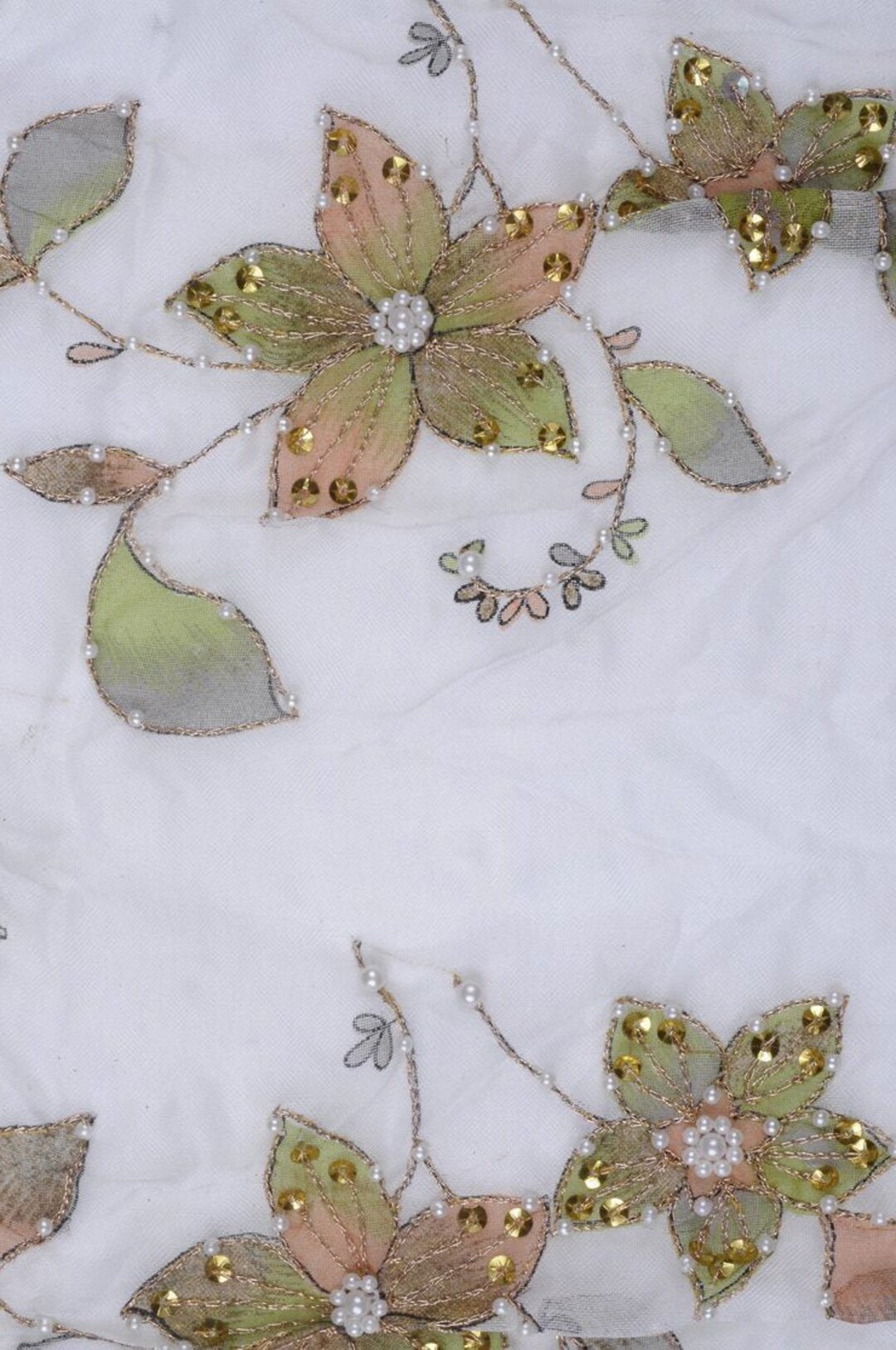 Yellow Olive Green Embroidered Organza Silk 144 Fabric