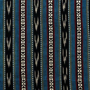 May include: Blue, black, white, and red striped fabric with a geometric pattern. The fabric has a woven texture.