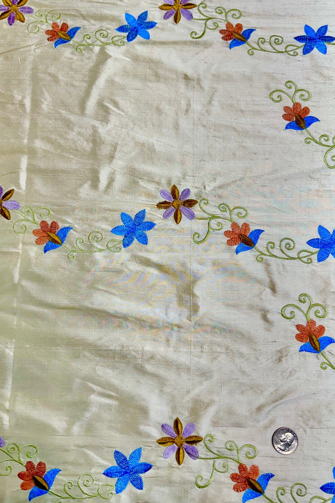 White/Multicolor Embroidered Dupioni Silk main image 1