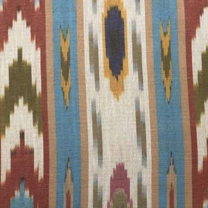 May include: Close-up of a fabric with a repeating pattern of blue, brown, yellow, and white geometric shapes. The fabric has a woven texture.