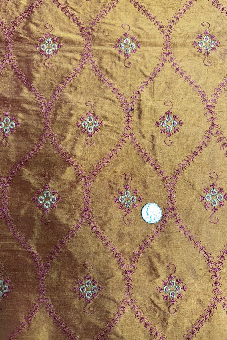Pink-Yellow French Knot Embroidered on Orange Shantung Embroidered Dupioni Silk main image 1