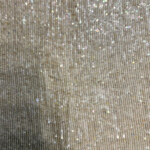 May include: Close-up of a beige fabric with vertical lines and scattered iridescent sequins. The texture appears to be a woven material, with the sequins adding a shimmering effect. A quarter coin is in the bottom right corner for scale.