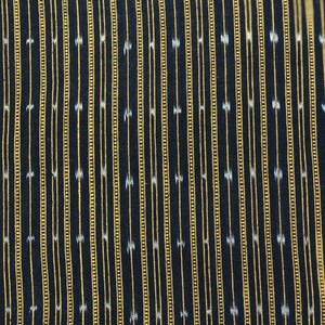 May include: Black fabric with thin vertical stripes of gold and white. The fabric has a subtle woven pattern.